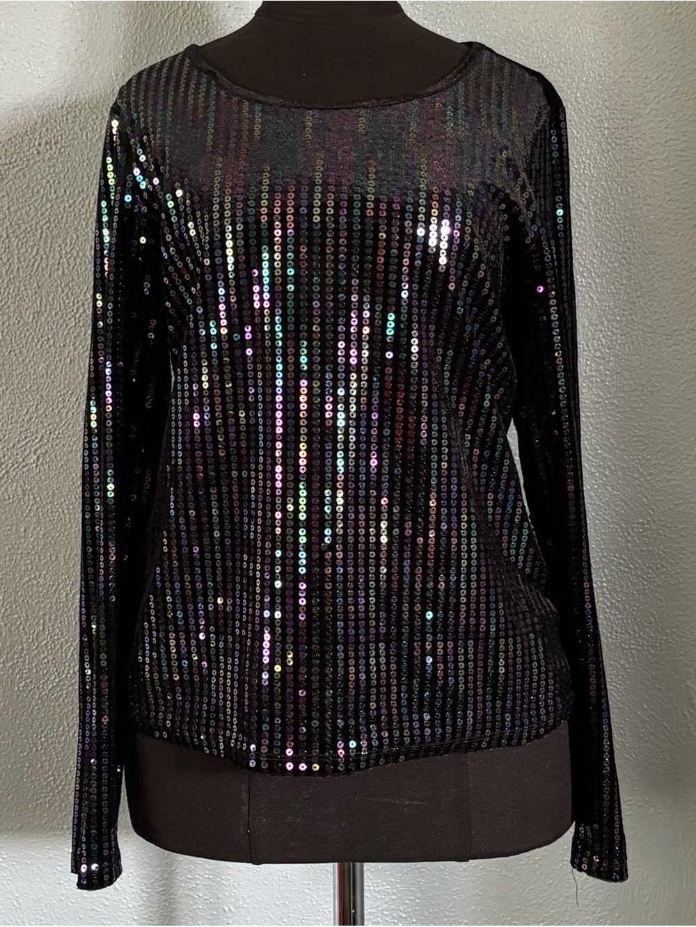 INC International Concepts Black Sequin Velour Long Sleeve Top Womens Size M